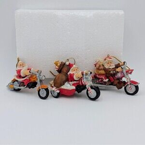 Motorcycle Santa Christmas Ornaments Set of 3 Hanging Resin Mr & Mrs Claus Biker
